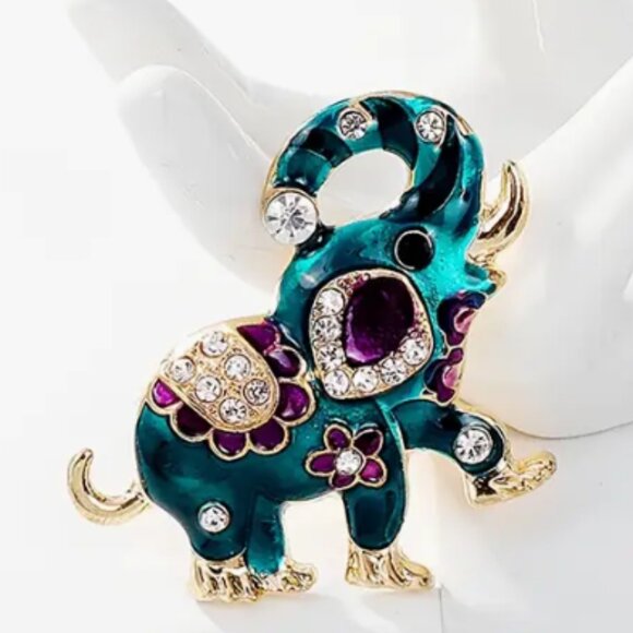 Colorful Ethnic Style Elephant Brooch Jewelry Goldtoned Rhinestone Brooch Pin - Picture 2 of 3